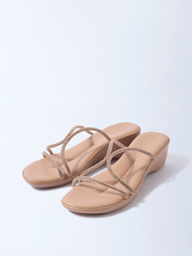 LUNA BLU Rose Gold Diamante Comfort Wedge-Heel Sandals