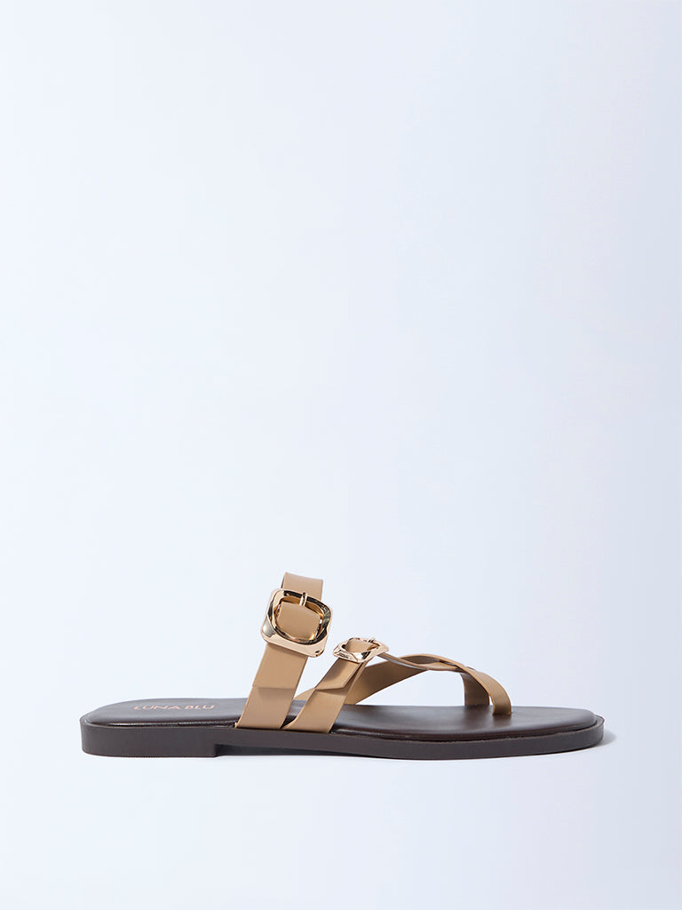 LUNA BLU Beige Dual-Strap Buckled Slides
