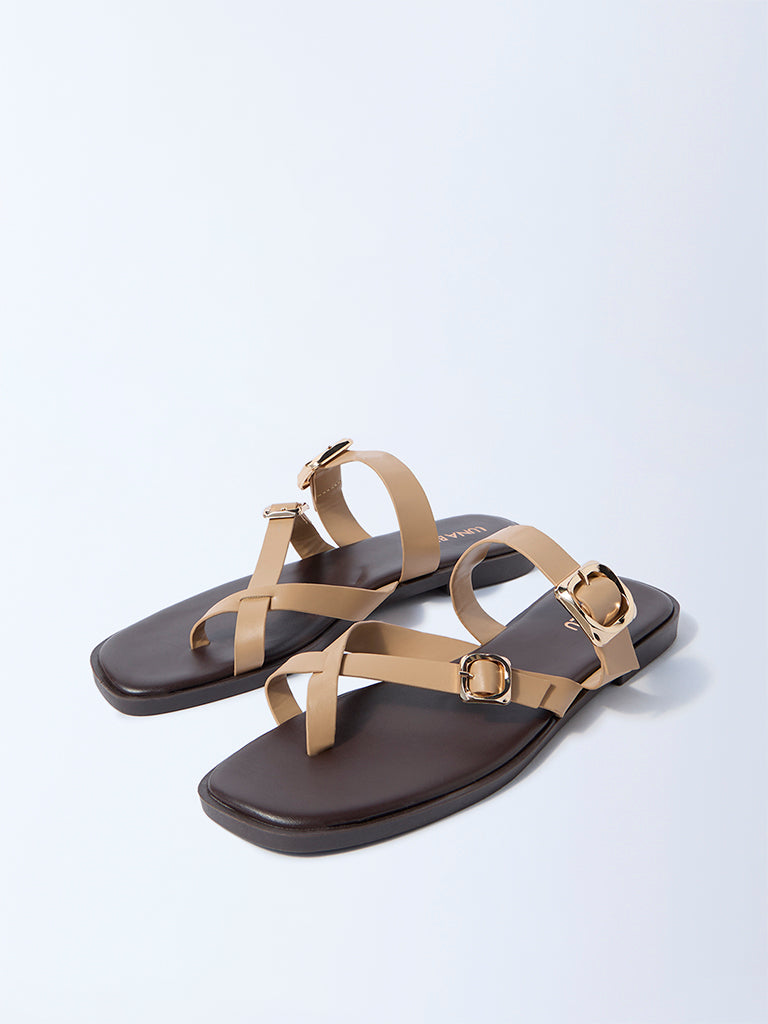 LUNA BLU Beige Dual-Strap Buckled Slides