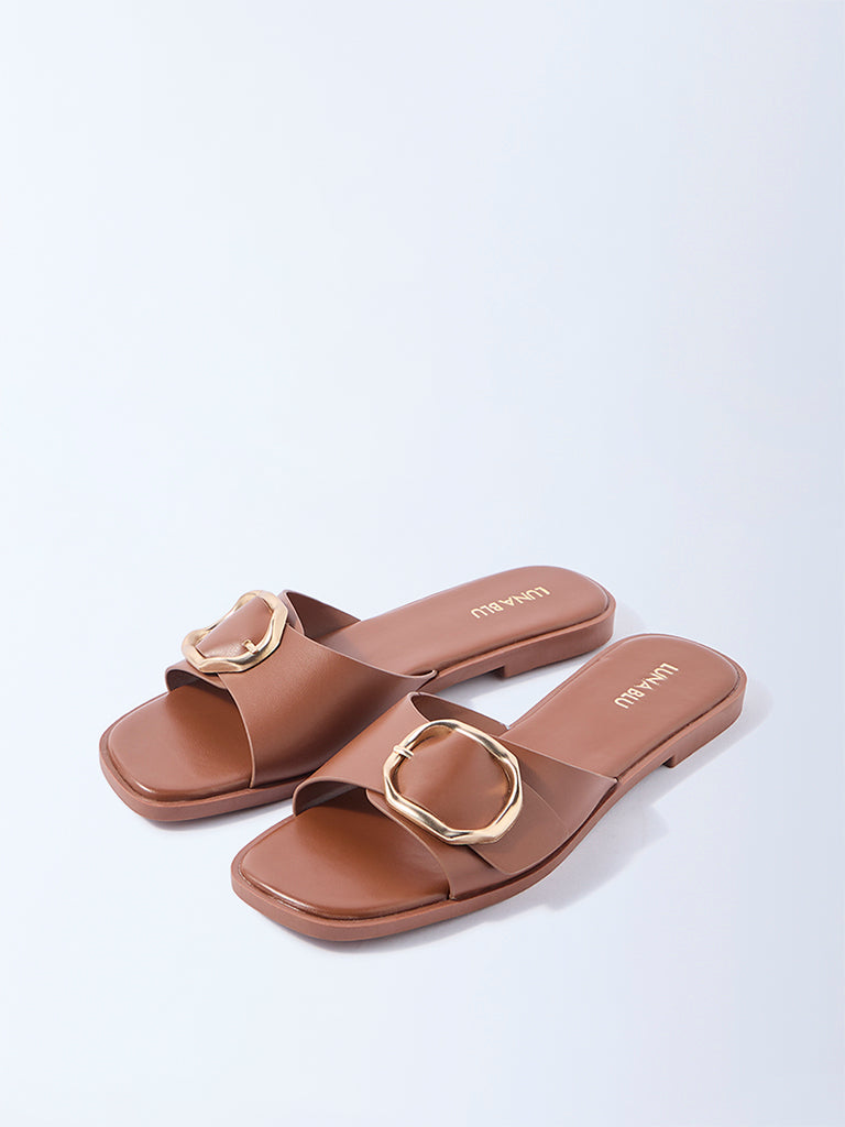 LUNA BLU Tan Buckle-Detailed Slides