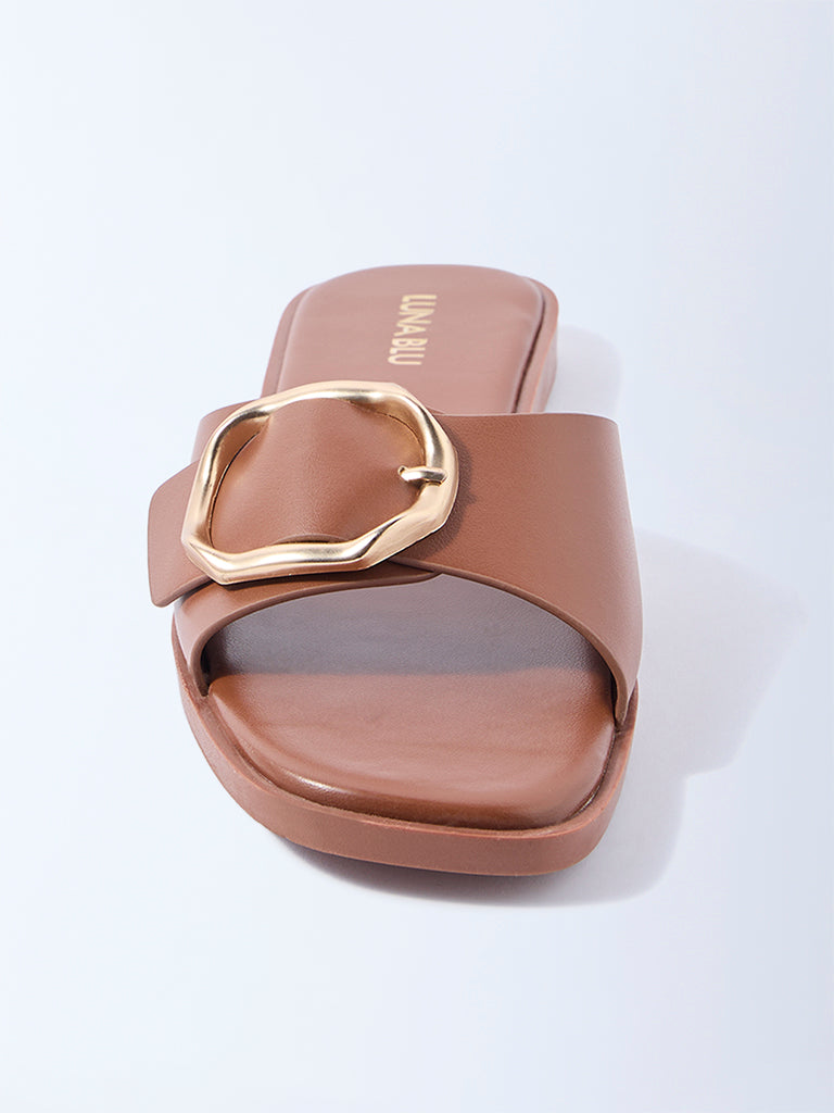 LUNA BLU Tan Buckle-Detailed Slides
