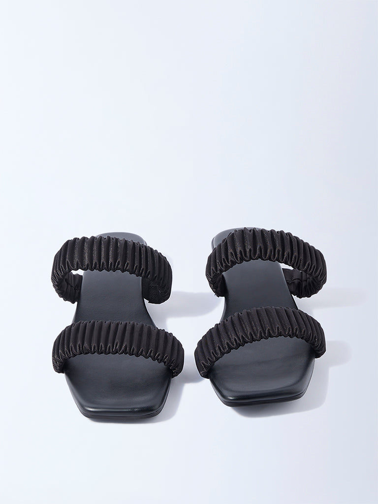 LUNA BLU Black Ruched Dual-Strap Sandals