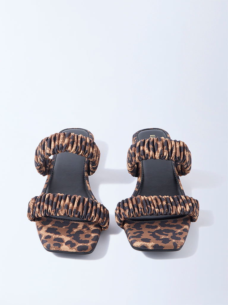LUNA BLU Brown Leopard Ruched Dual-Strap Sandals