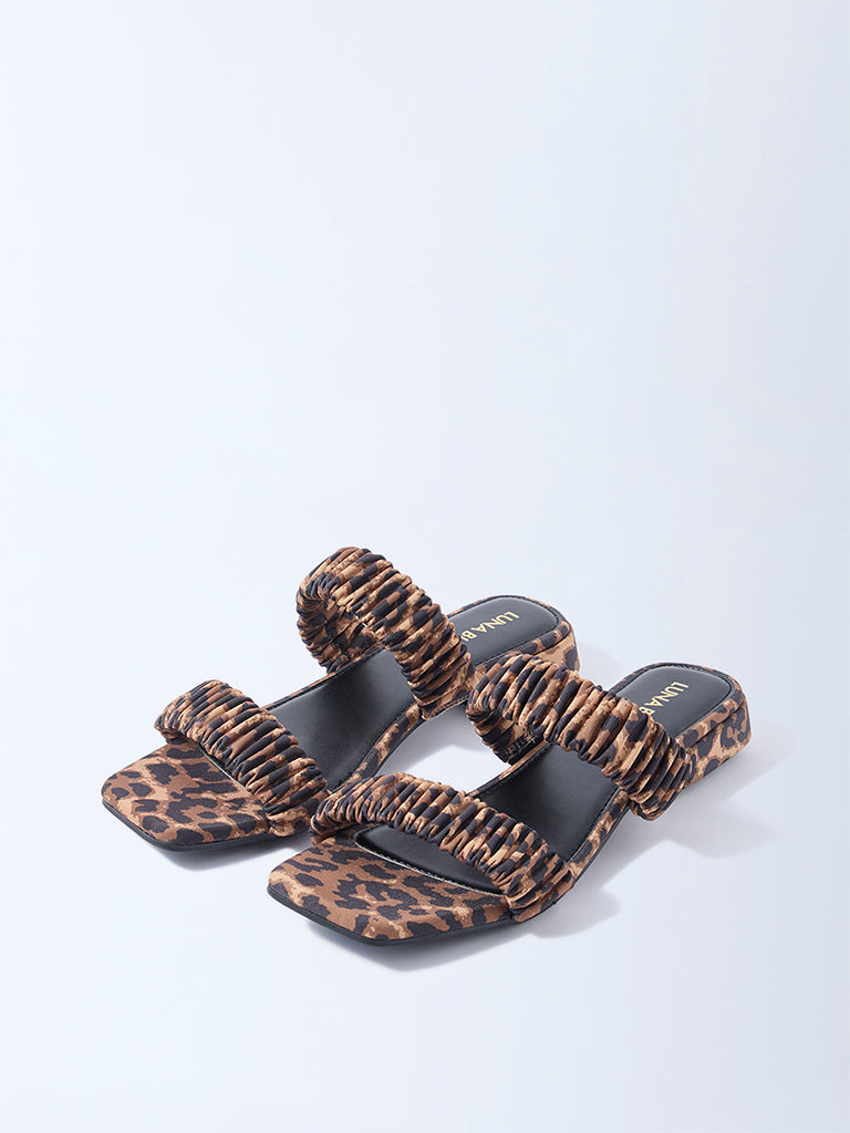 LUNA BLU Brown Leopard Ruched Dual-Strap Sandals