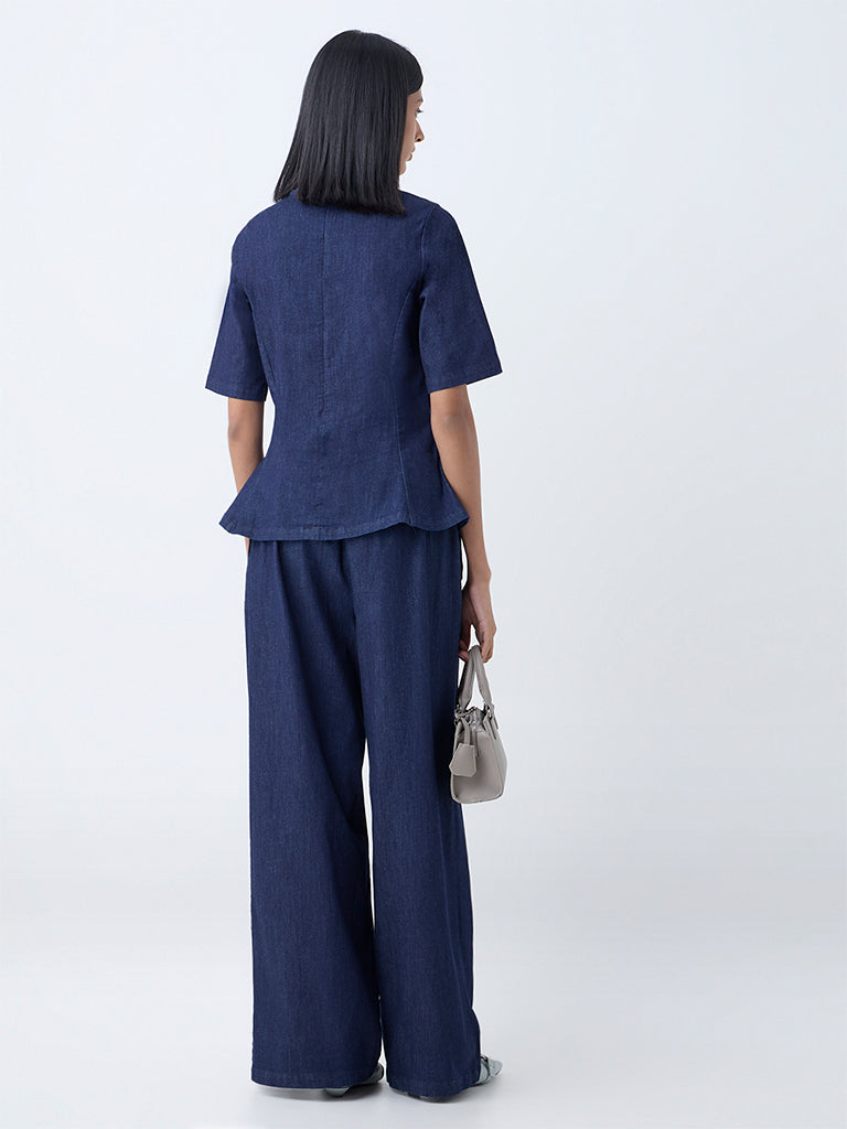 Westside Wardrobe Women's Indigo Denim Peplum Top for Work Wear Back View