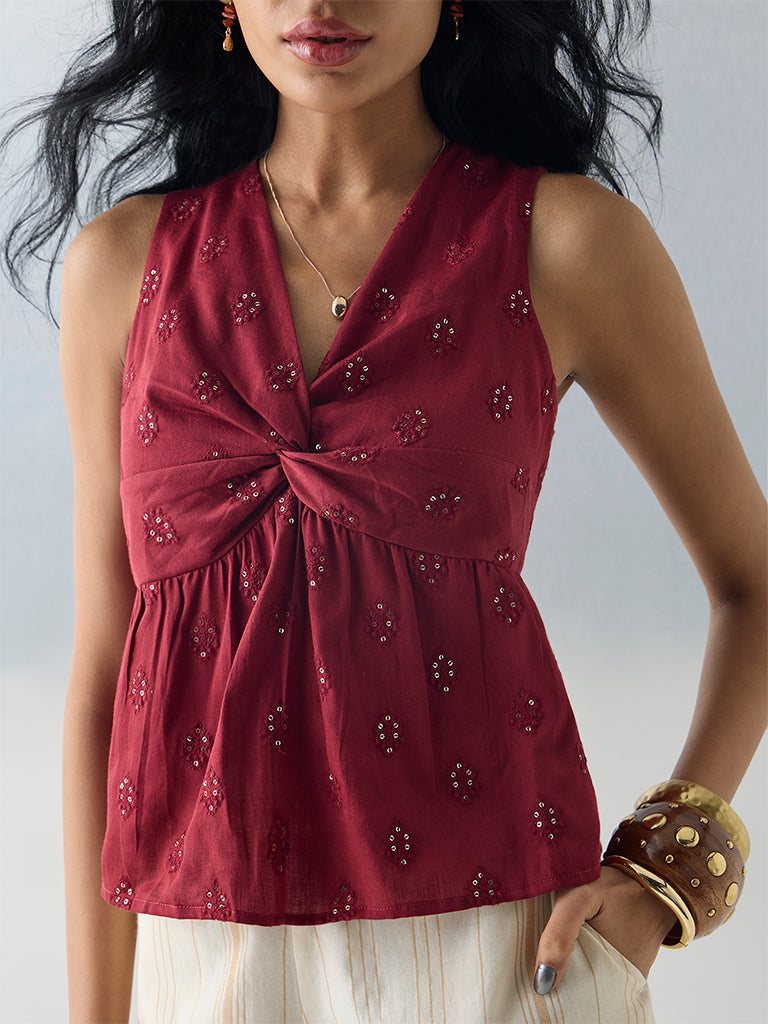 Bombay Paisley Red Sequin Work Cotton Top
