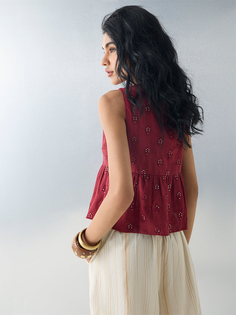 Bombay Paisley Red Sequin Work Cotton Top