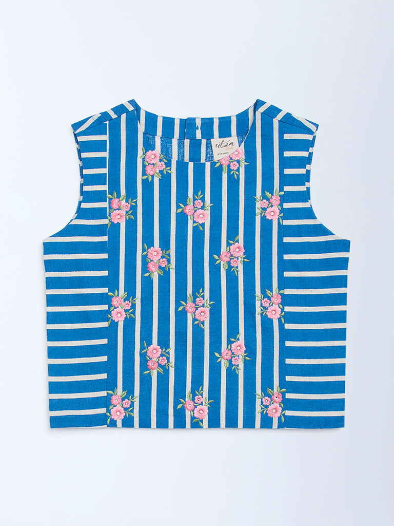 Utsa Kids Blue Floral Embroidered Cotton-Blend Top - (8-14yrs)