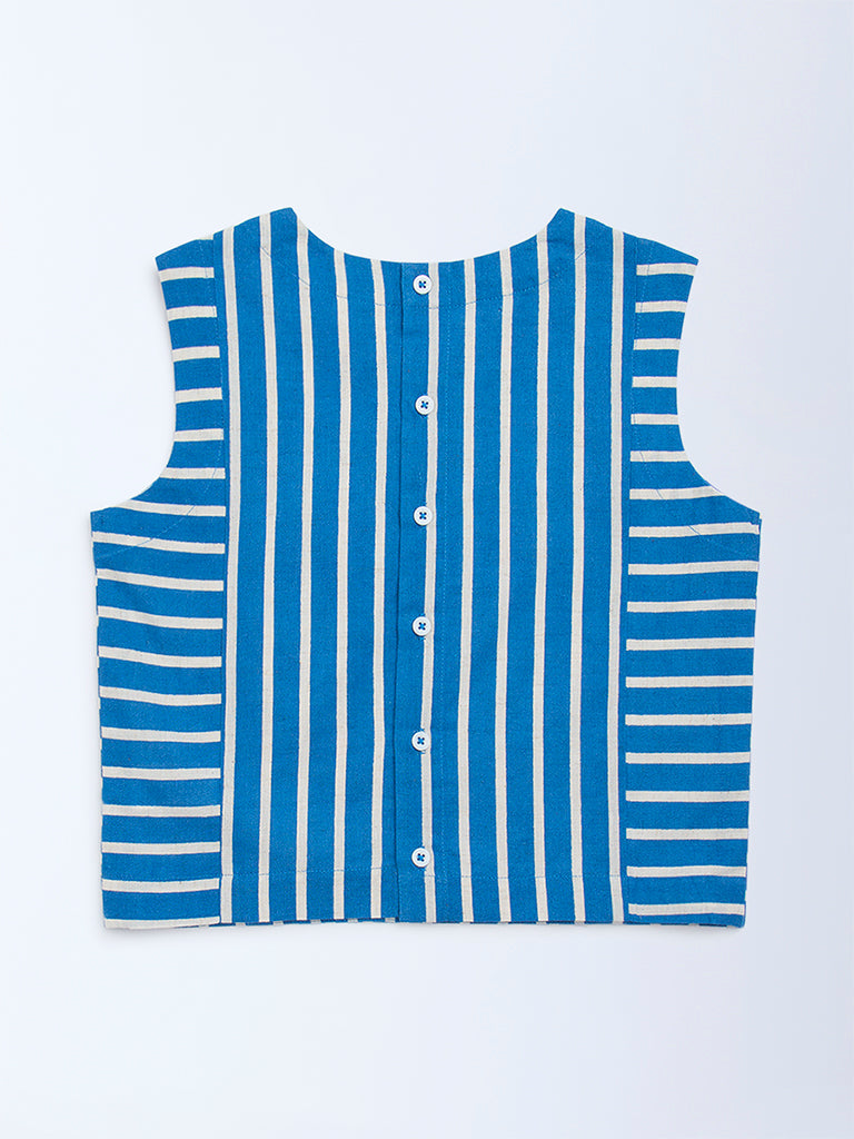 Utsa Kids Blue Floral Embroidered Cotton-Blend Top - (8-14yrs)