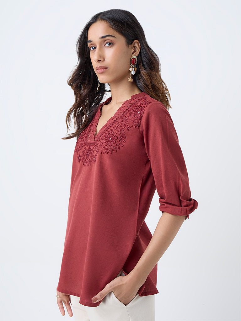 Utsa Red Floral Embroidered Cotton-Blend Top