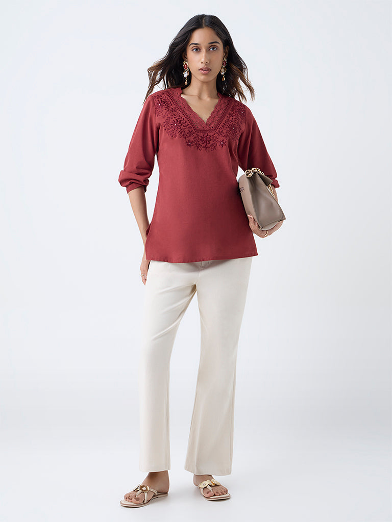 Utsa Red Floral Embroidered Cotton-Blend Top