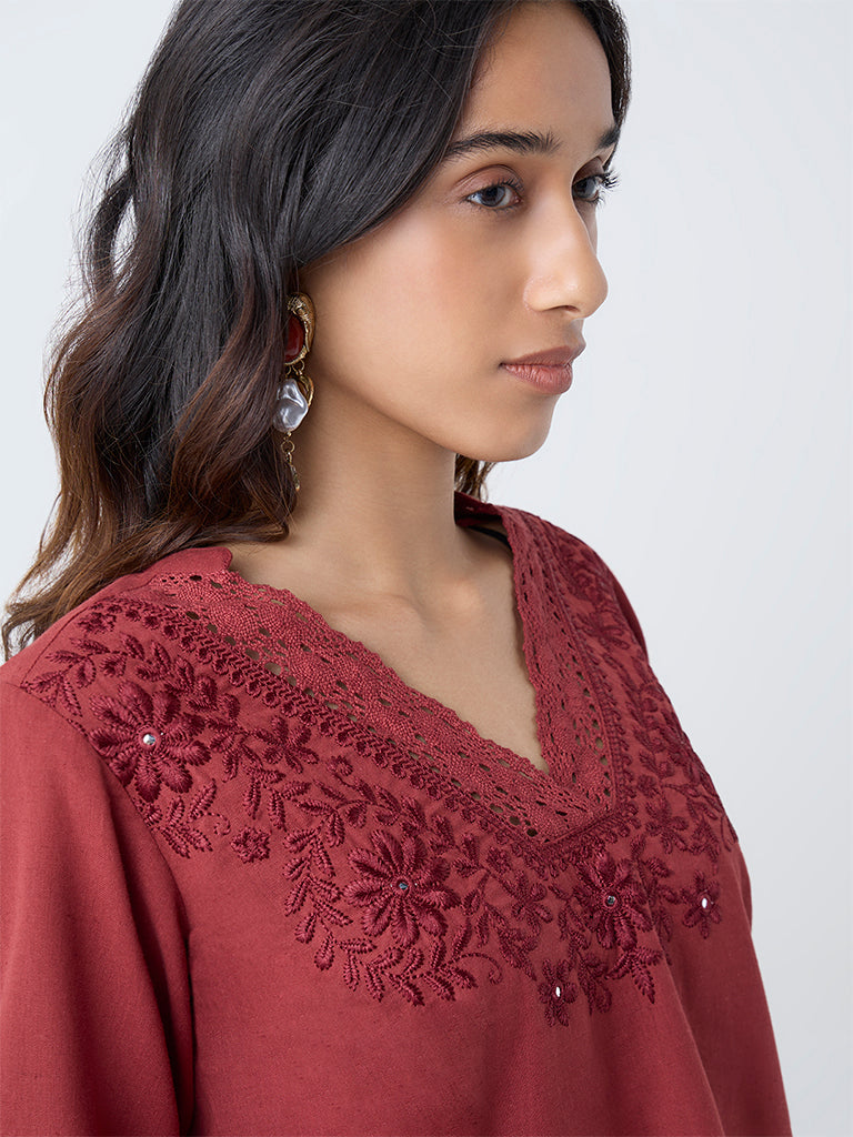Utsa Red Floral Embroidered Cotton-Blend Top