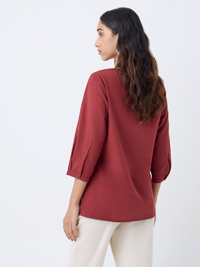 Utsa Red Floral Embroidered Cotton-Blend Top