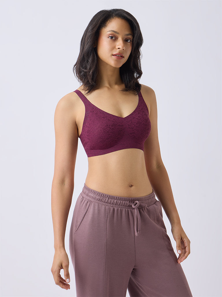 Wunderlove Wine Lace-Detailed Invisible Padded Bra