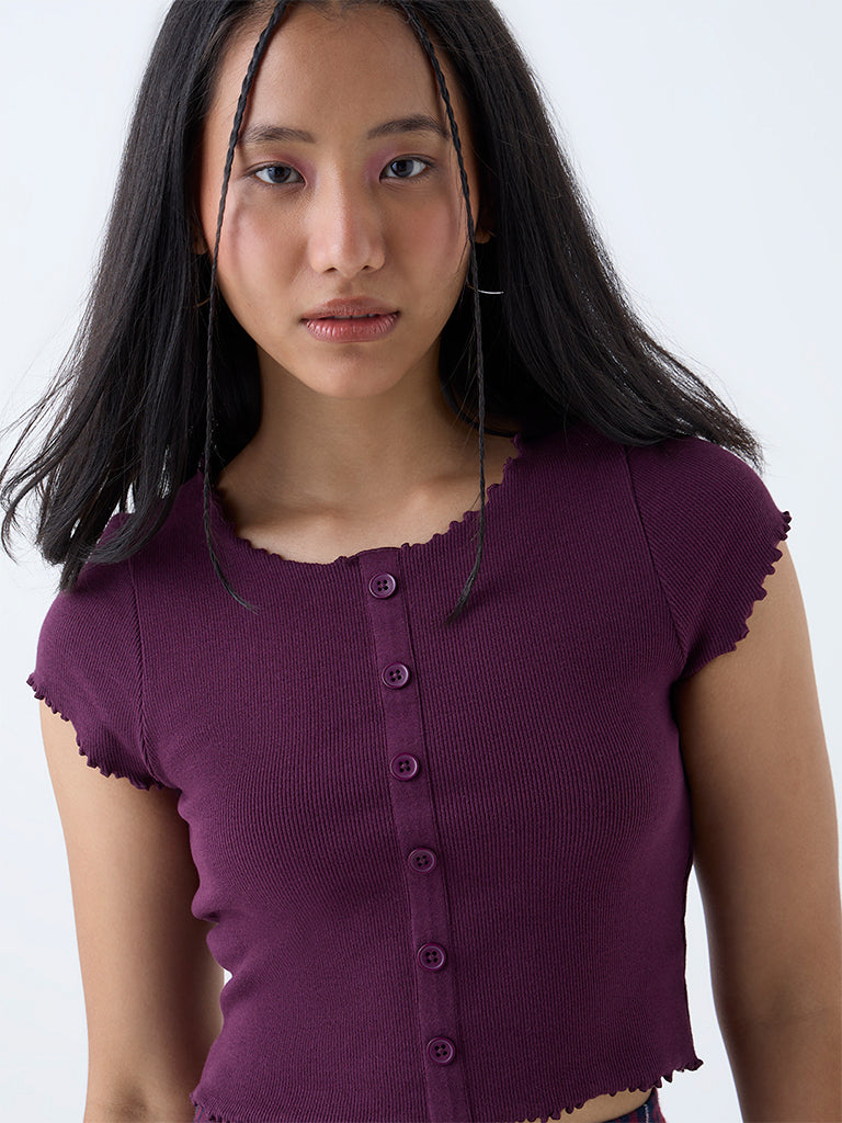 Westside Nuon Women's Plum Ribbed Cotton-Blend Top for Casual Wear Zoomed View