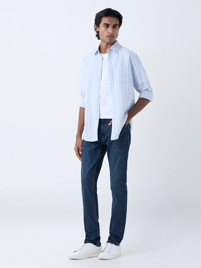 WES Casuals Light Blue Pinstriped Relaxed-Fit Cotton-Blend Shirt