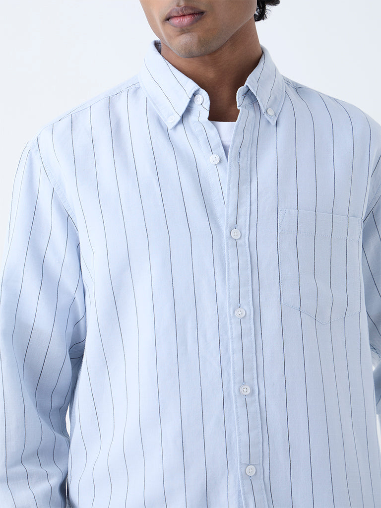 WES Casuals Light Blue Pinstriped Relaxed-Fit Cotton-Blend Shirt