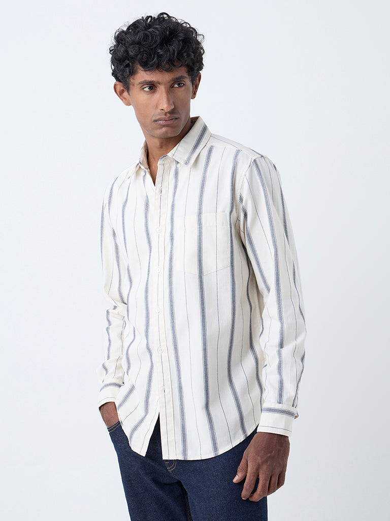 WES Casuals Off-White Striped Relaxed-Fit Cotton Shirt
