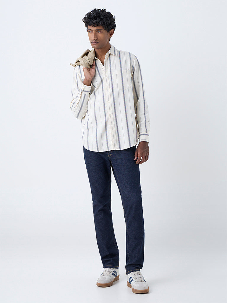 WES Casuals Off-White Striped Relaxed-Fit Cotton Shirt