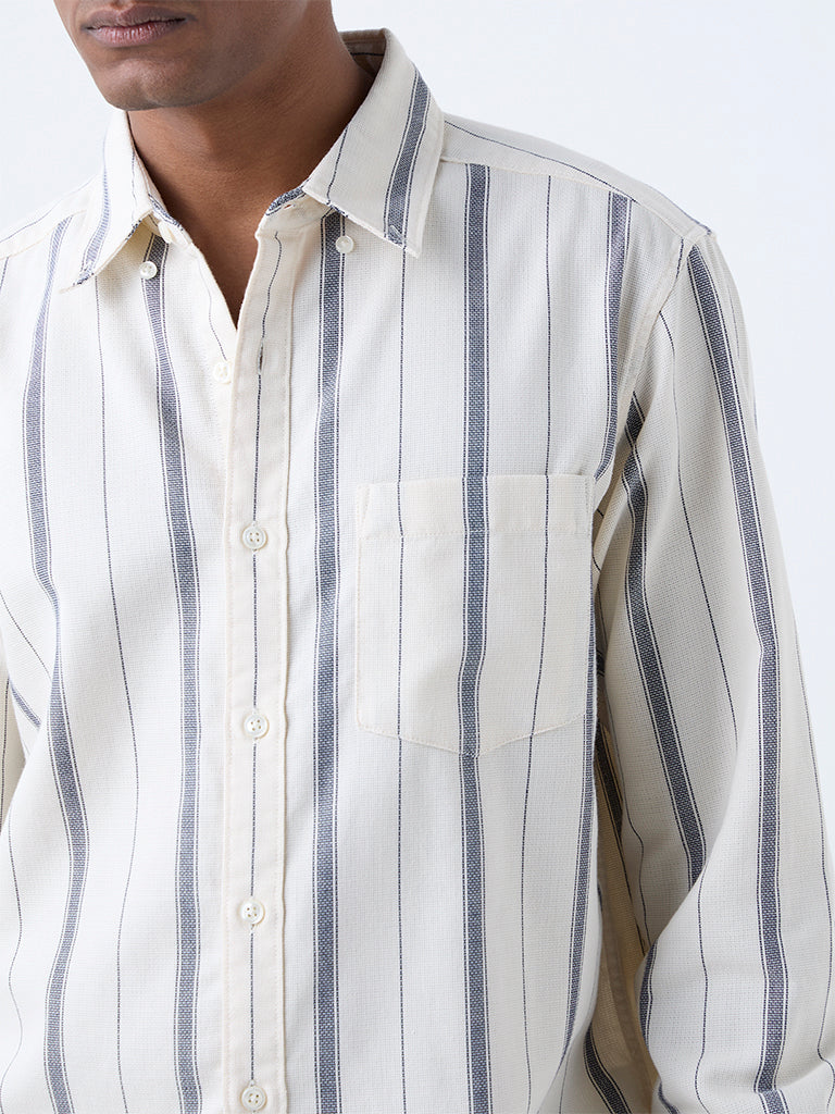 WES Casuals Off-White Striped Relaxed-Fit Cotton Shirt