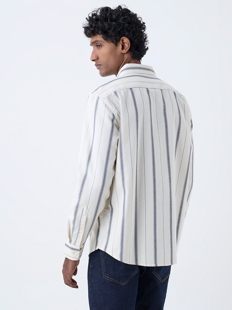 WES Casuals Off-White Striped Relaxed-Fit Cotton Shirt