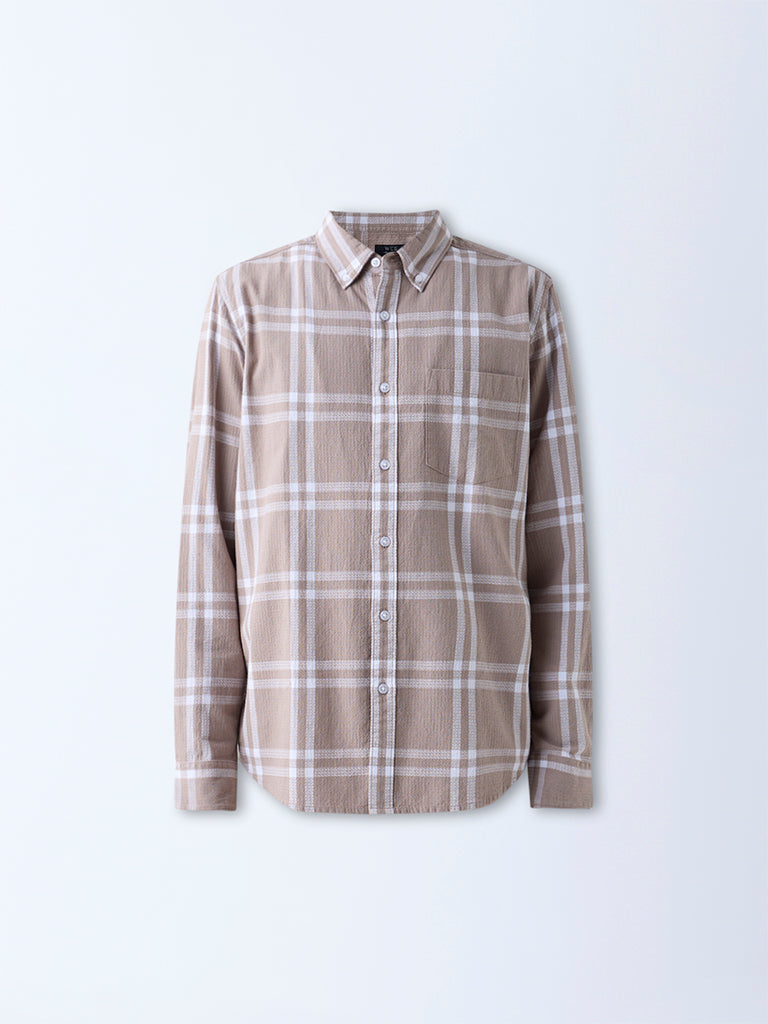 WES Casuals Taupe Checkered Relaxed-Fit Cotton Shirt