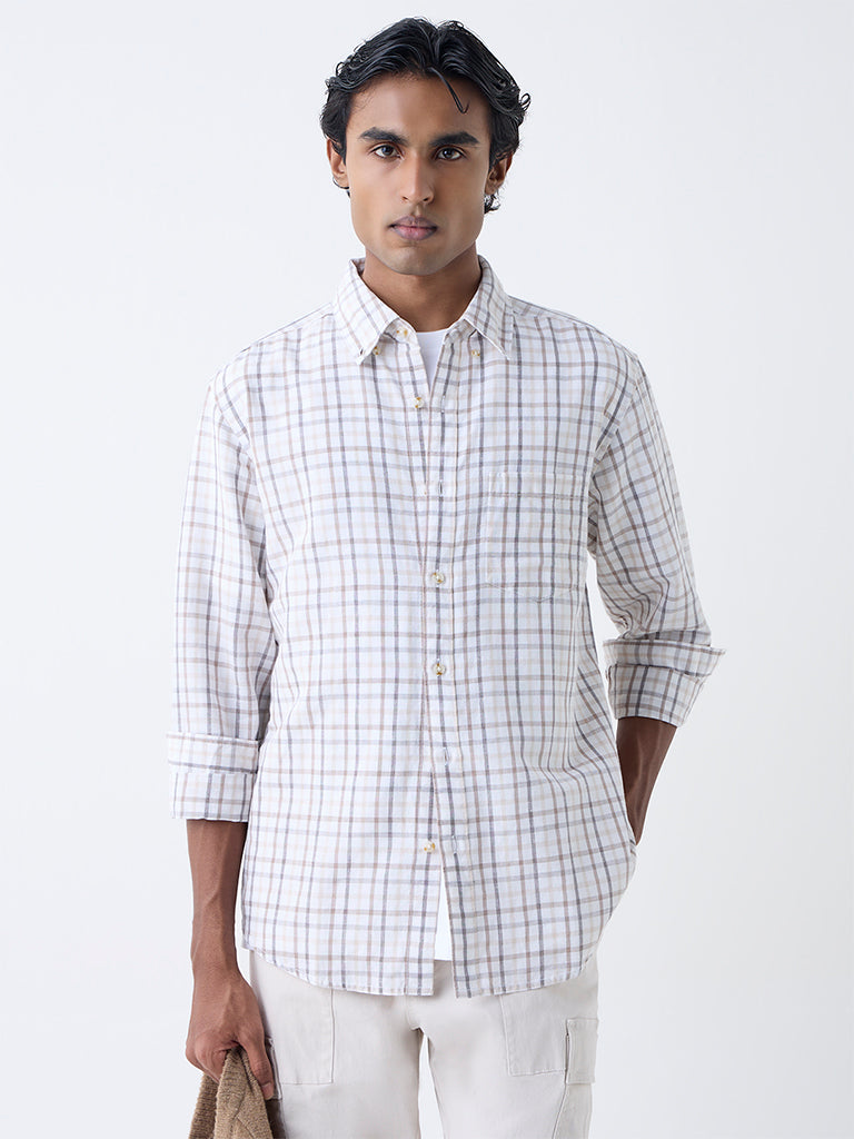 WES Casuals Beige Checks Relaxed-Fit Cotton-Blend Shirt