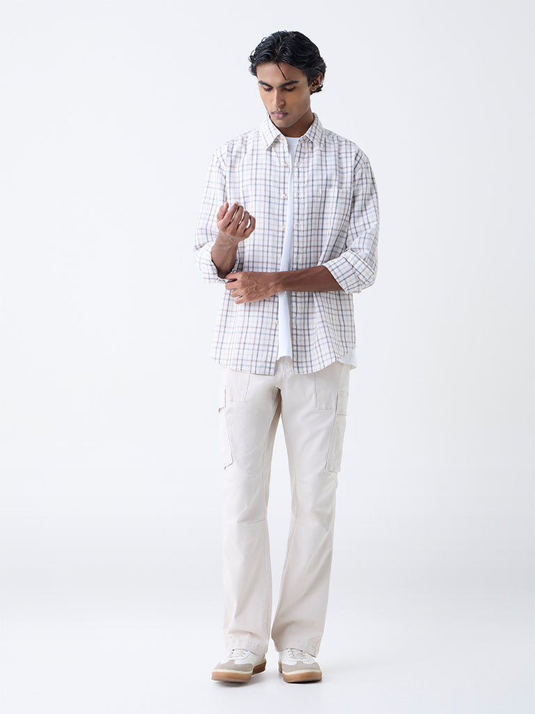 WES Casuals Beige Checks Relaxed-Fit Cotton-Blend Shirt