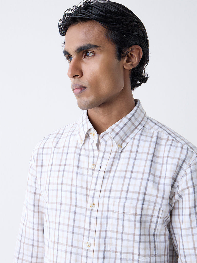 WES Casuals Beige Checks Relaxed-Fit Cotton-Blend Shirt