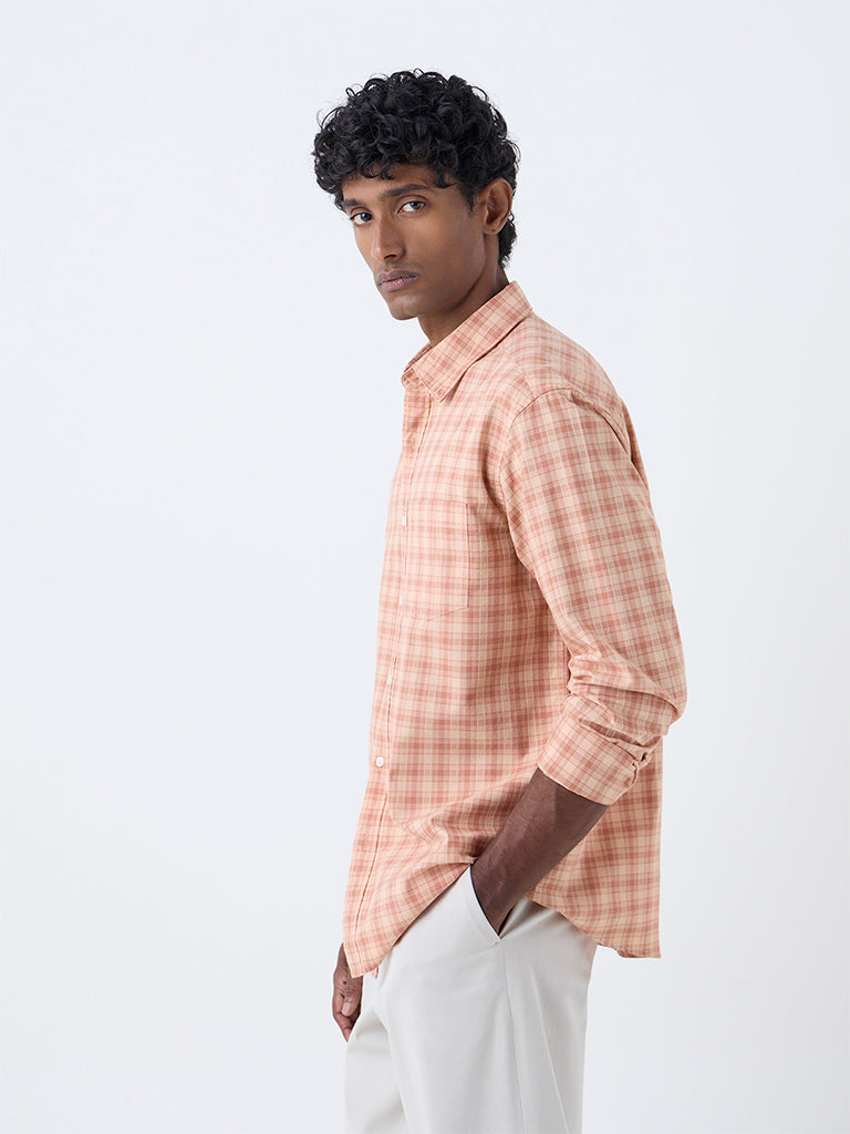 WES Casuals Orange Checks Pattern Relaxed-Fit Cotton Shirt