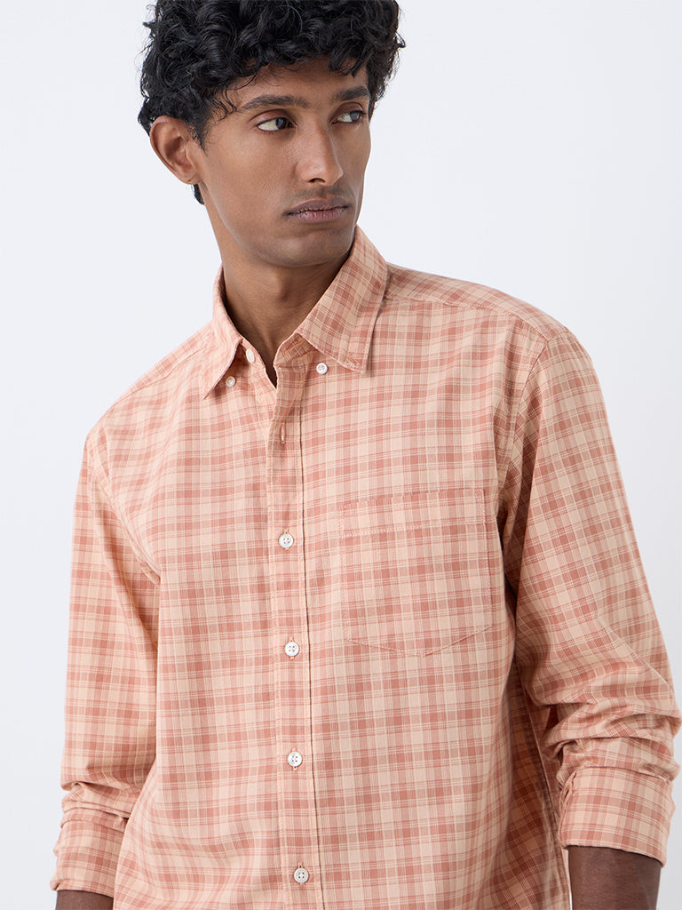 WES Casuals Orange Checks Pattern Relaxed-Fit Cotton Shirt