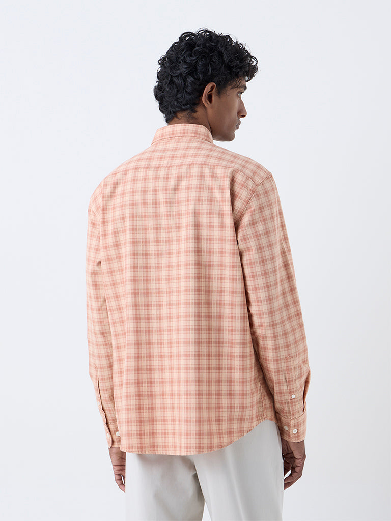 WES Casuals Orange Checks Pattern Relaxed-Fit Cotton Shirt