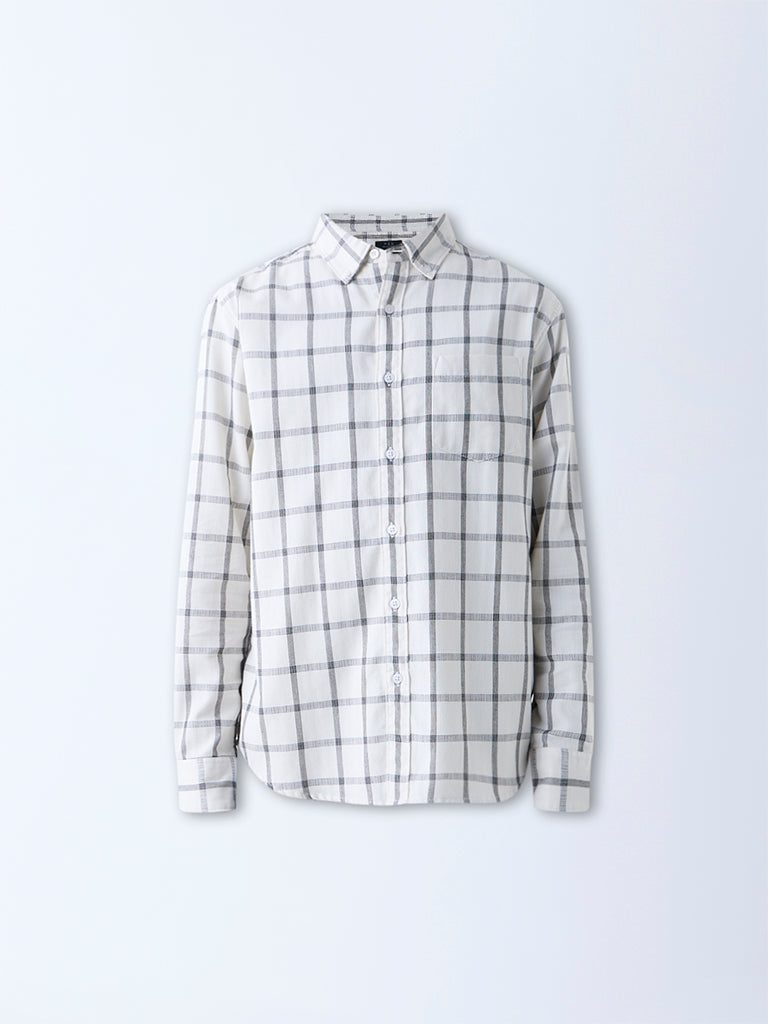 WES Casuals White Checks Printed Relaxed-Fit Cotton Shirt
