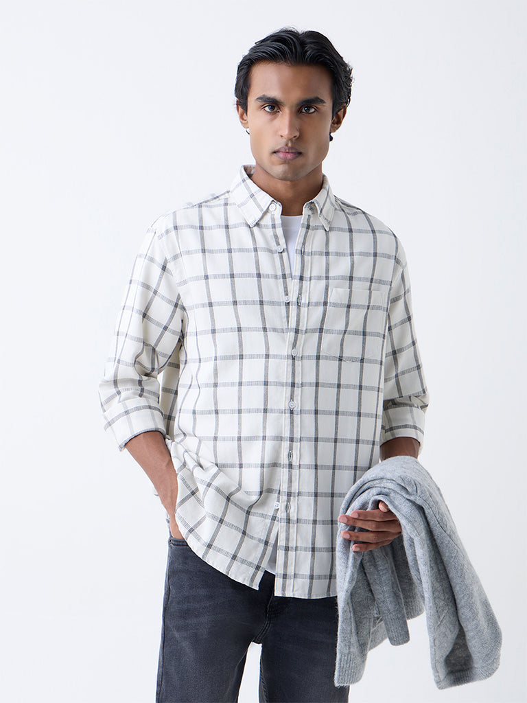 WES Casuals White Checks Printed Relaxed-Fit Cotton Shirt