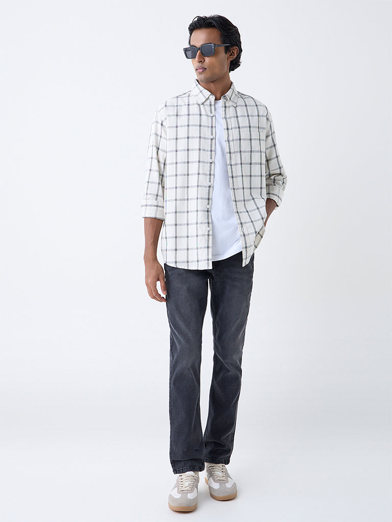 WES Casuals White Checks Printed Relaxed-Fit Cotton Shirt
