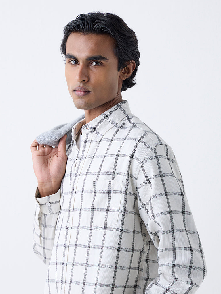 WES Casuals White Checks Printed Relaxed-Fit Cotton Shirt