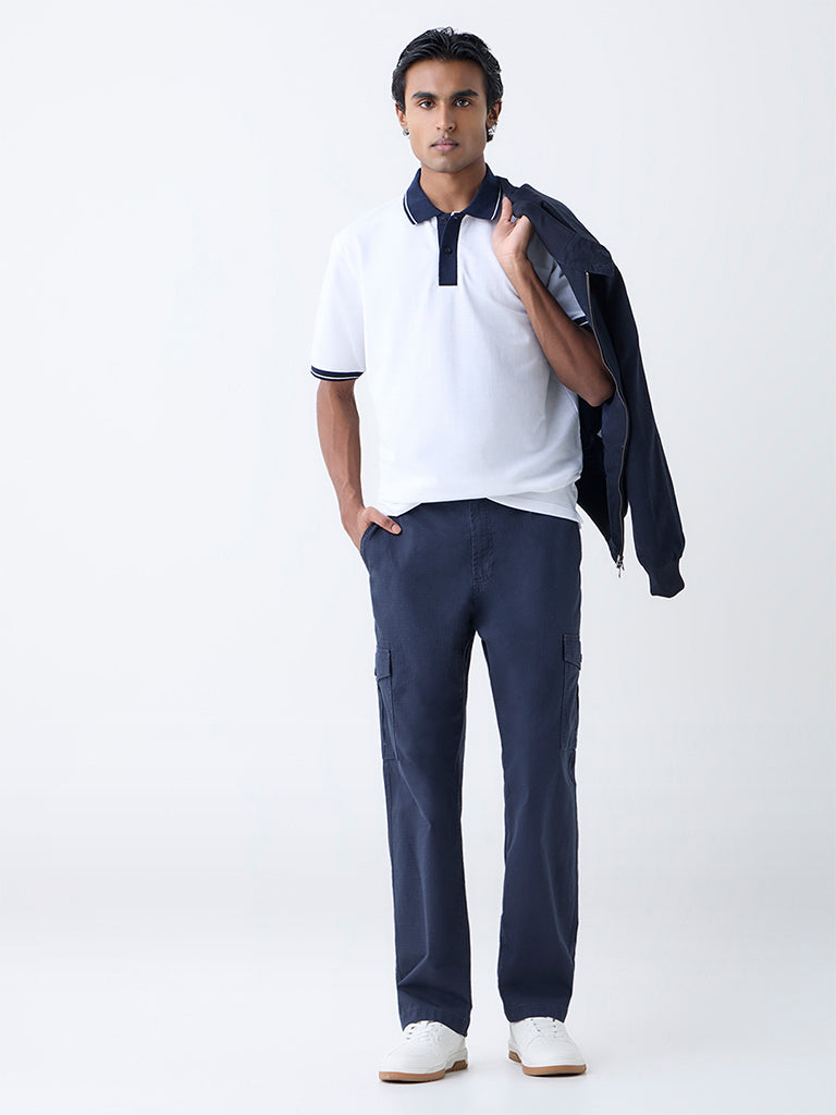 WES Casuals White Self Relaxed-Fit Cotton-Blend Polo T-Shirt