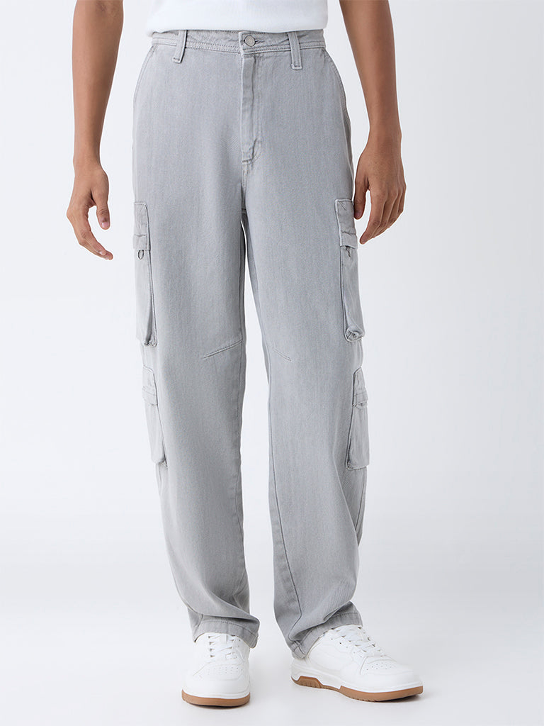 Nuon Grey Cargo-Style Relaxed-Fit Mid-Rise Jeans