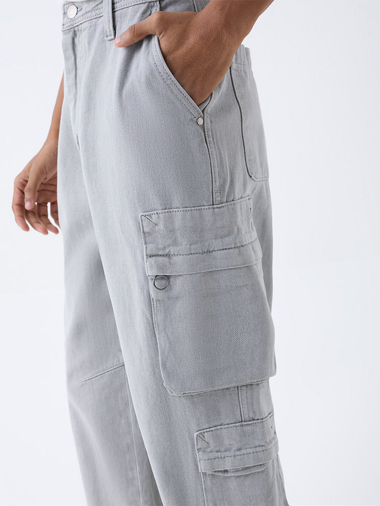 Nuon Grey Cargo-Style Relaxed-Fit Mid-Rise Jeans