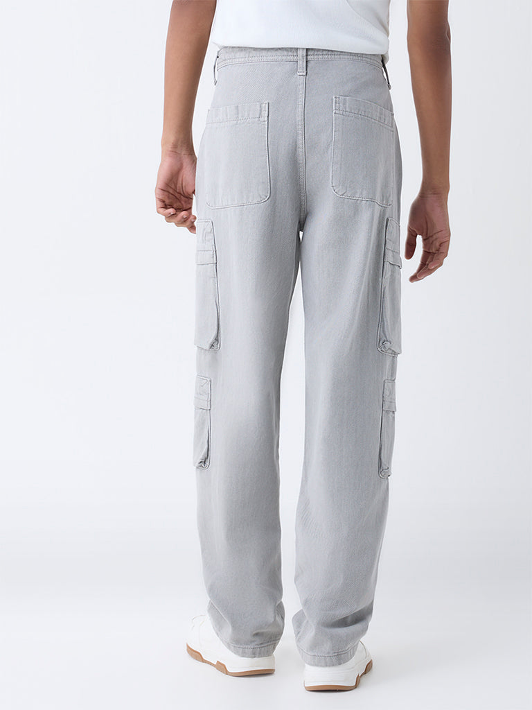 Nuon Grey Cargo-Style Relaxed-Fit Mid-Rise Jeans