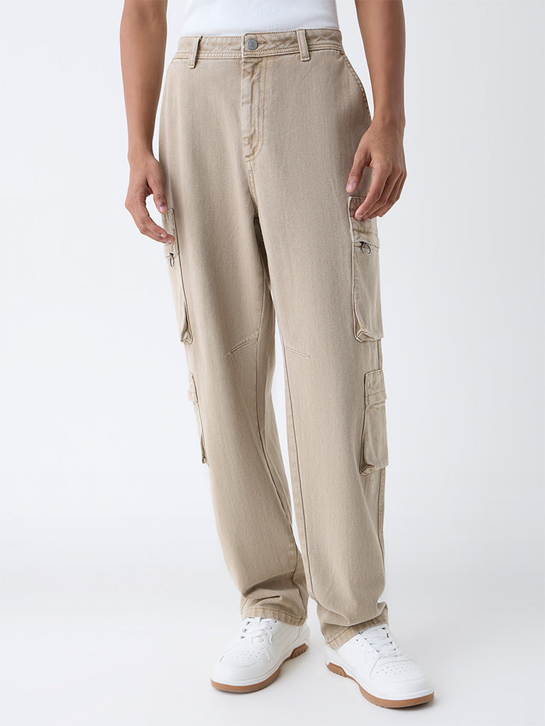 Nuon Beige Cargo-Style Relaxed-Fit Mid-Rise Jeans