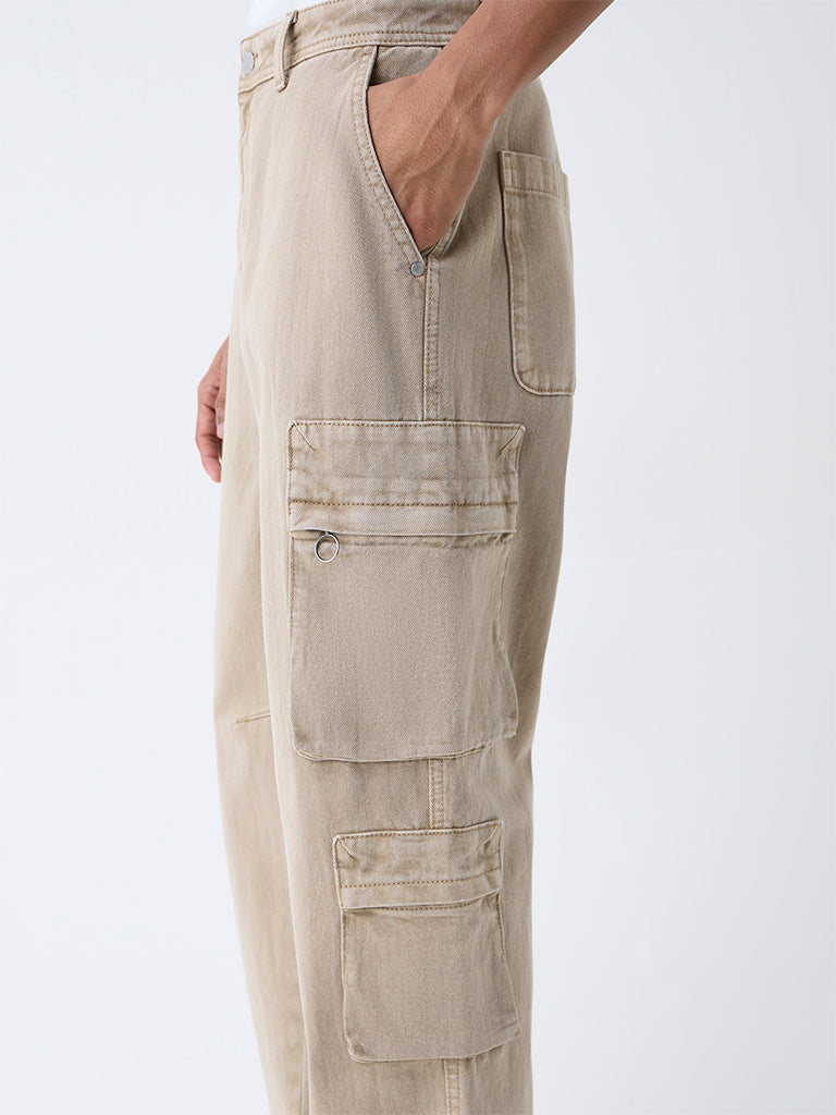 Nuon Beige Cargo-Style Relaxed-Fit Mid-Rise Jeans