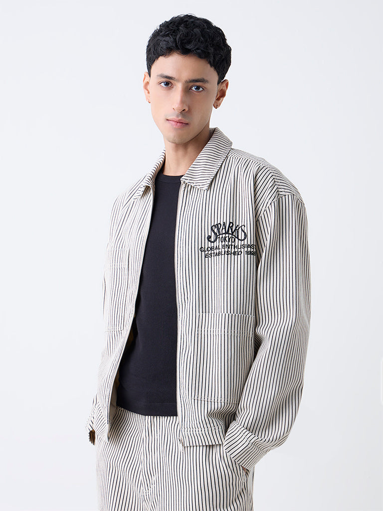 Nuon Beige Striped Relaxed-Fit Cotton Jacket