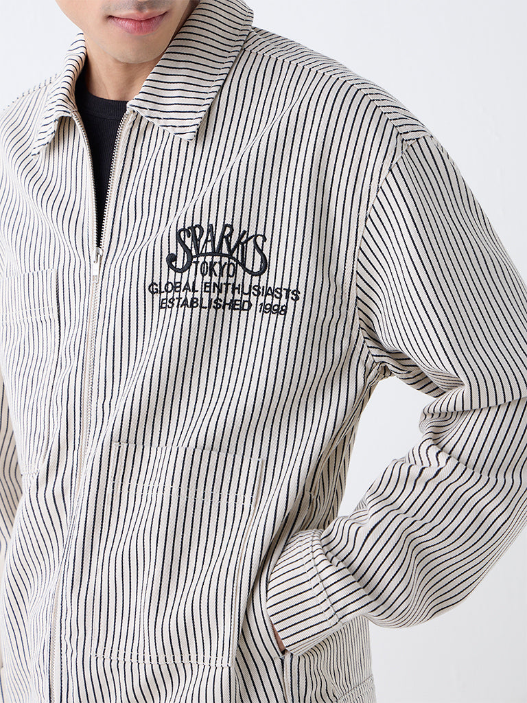 Nuon Beige Striped Relaxed-Fit Cotton Jacket