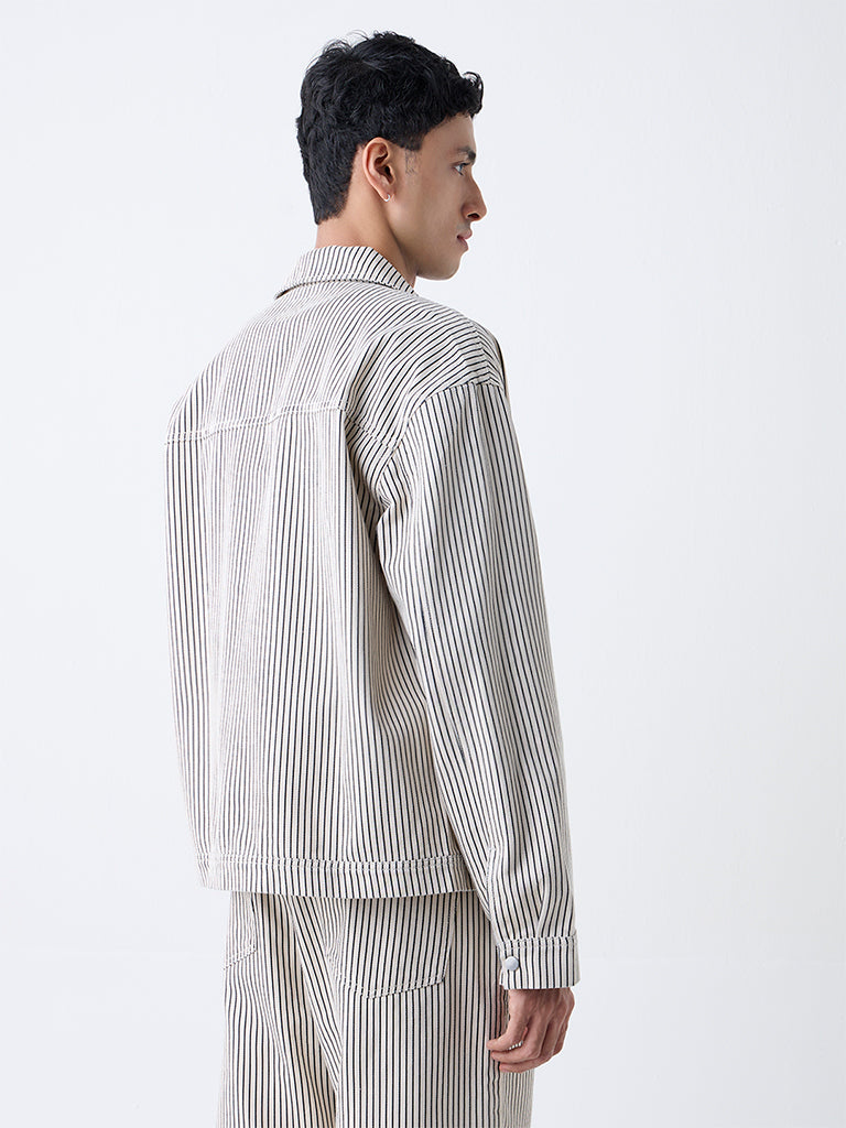 Nuon Beige Striped Relaxed-Fit Cotton Jacket