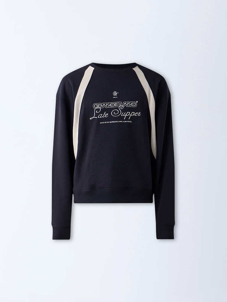 Nuon Black Drop Shoulder Relaxed-Fit Cotton-Blend Sweatshirt