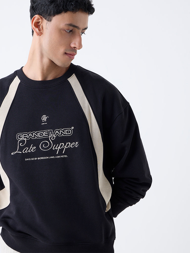 Nuon Black Drop Shoulder Relaxed-Fit Cotton-Blend Sweatshirt