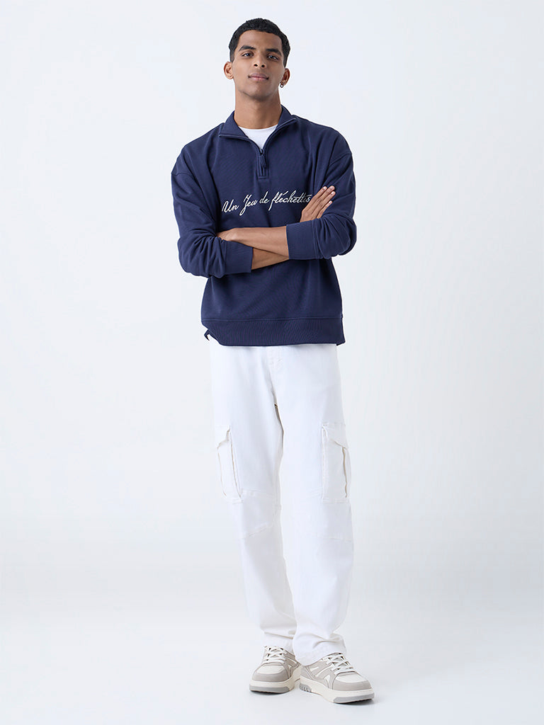 Nuon Navy Relaxed-Fit Cotton-Blend Quarter-Zip Sweatshirt