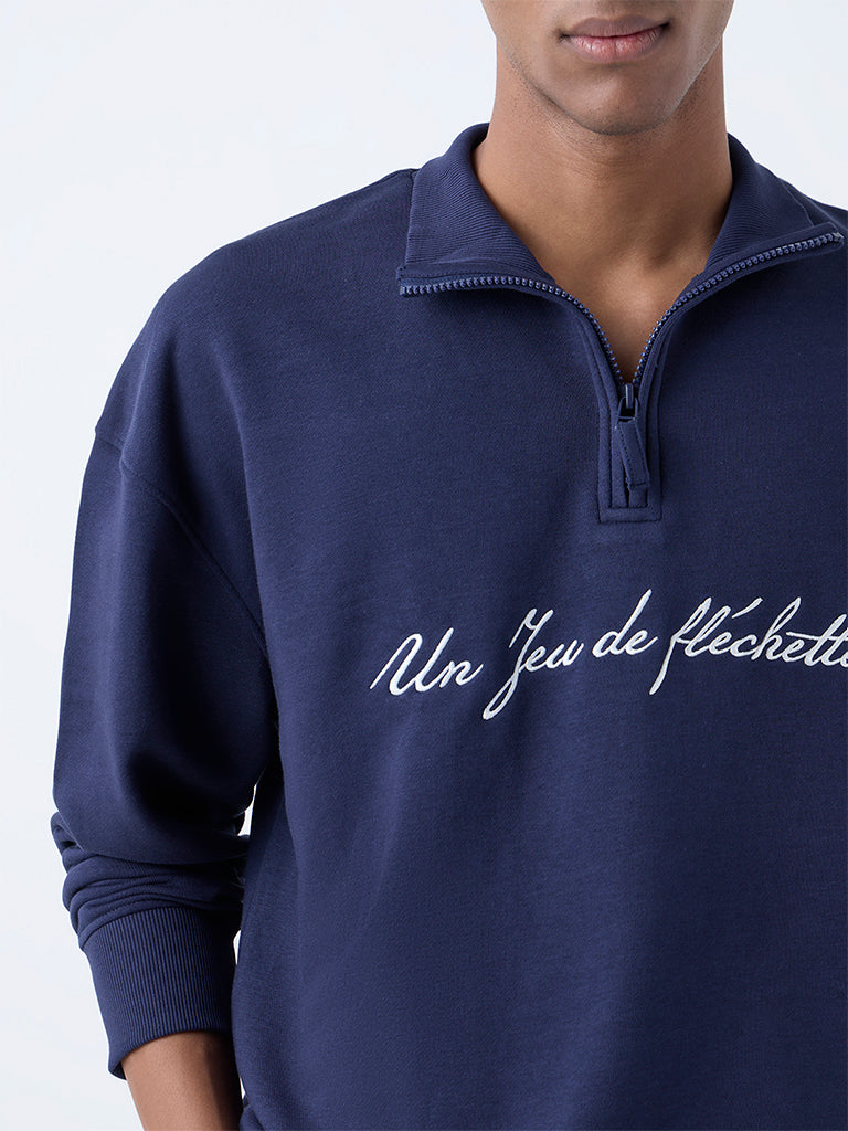 Nuon Navy Relaxed-Fit Cotton-Blend Quarter-Zip Sweatshirt