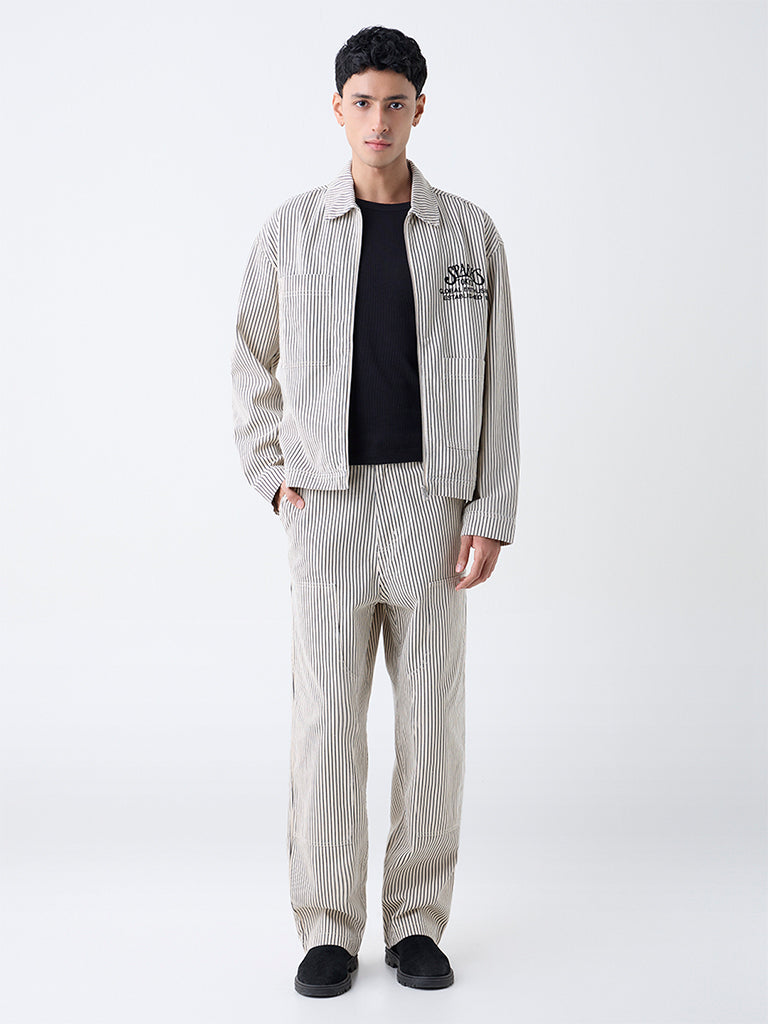 Nuon Beige Striped Loose-Fit Mid-Rise Cotton Pants